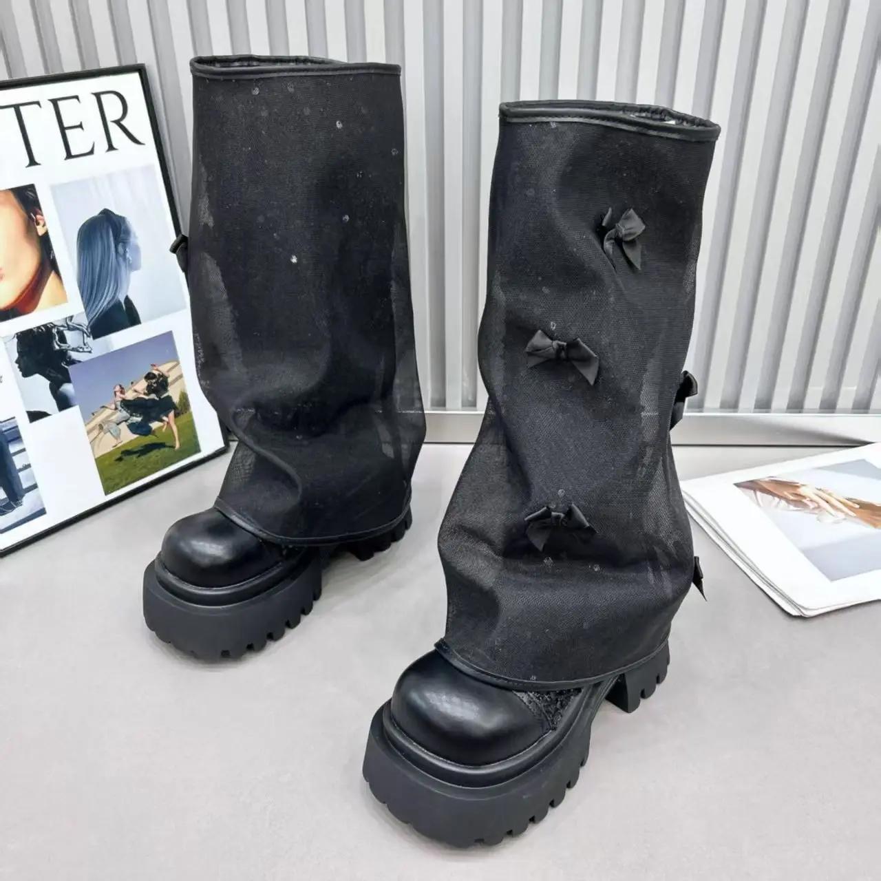 

Мода 2025 Женские Высокие Сапоги Высокие Сапоги Женские Сетчатые Дышащие Высокие Сапоги Низкий Каблук Повседневные Кроссовки Кожаная Обувь Женская Длинная Обувь 35 чёрный