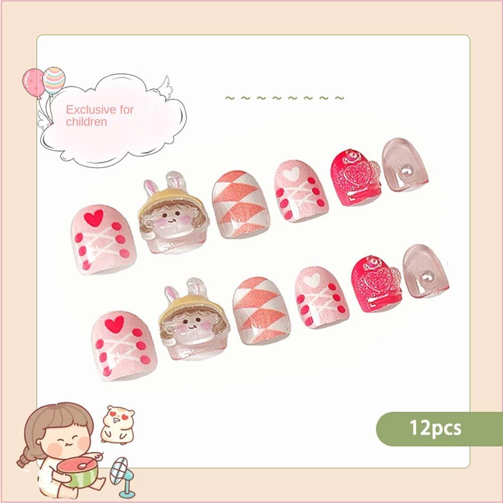 12Pcs/set Love Heart Children False Nails Flowers Cartoon Nail Accessories Student