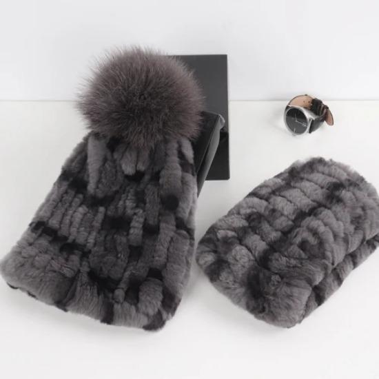 New Fashion Knitted Good Elastic Real Fur Scarf Hat Sets Women Winter Warm Natural Rex Rabbit Fur Scarves Hats Sets