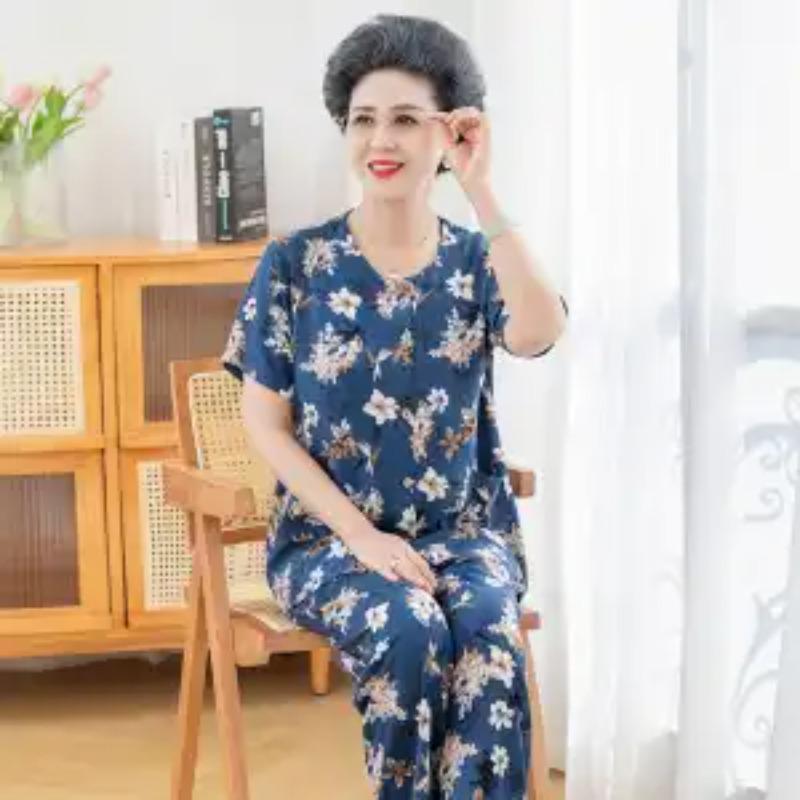 Women's Floral Print Two-Piece Set Short Sleeve Button-Down Top Pants Casual Outfit for Elderly