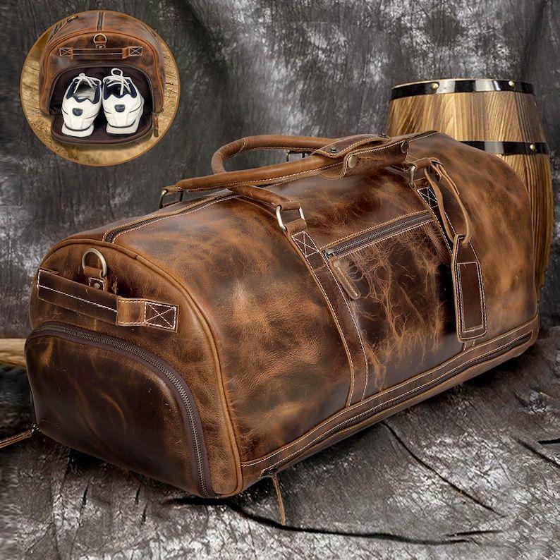 Mens Travel Bag Full Grain Leather Duffle Bag With Shoe Compartment Personalized Weekend Luggage Bag Christmas Gift Carry on Cabin Bag