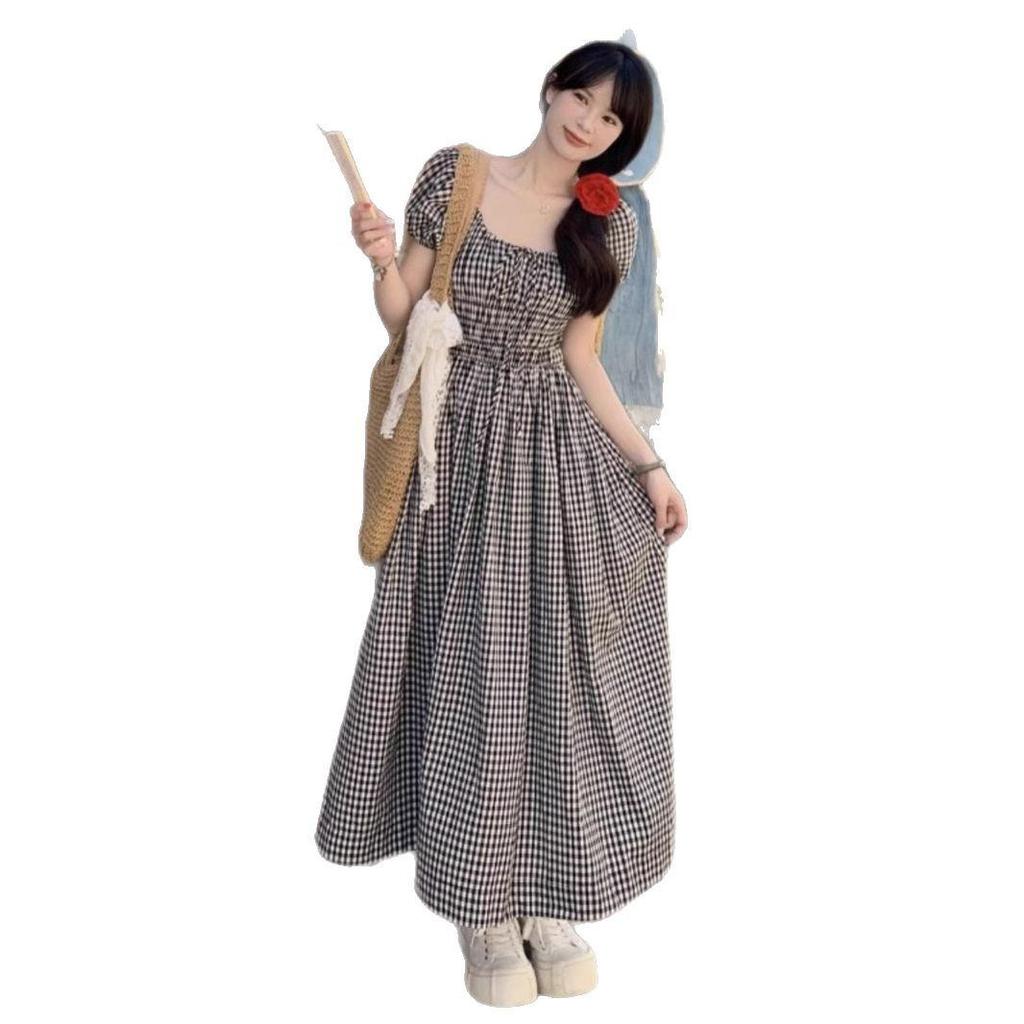 Übergröße Altersdefying Karomuster Puffärmel Quadratischer Ausschnitt Sommerkleid mit Taillen-Schlankmachendem Bindegürtel Langrock