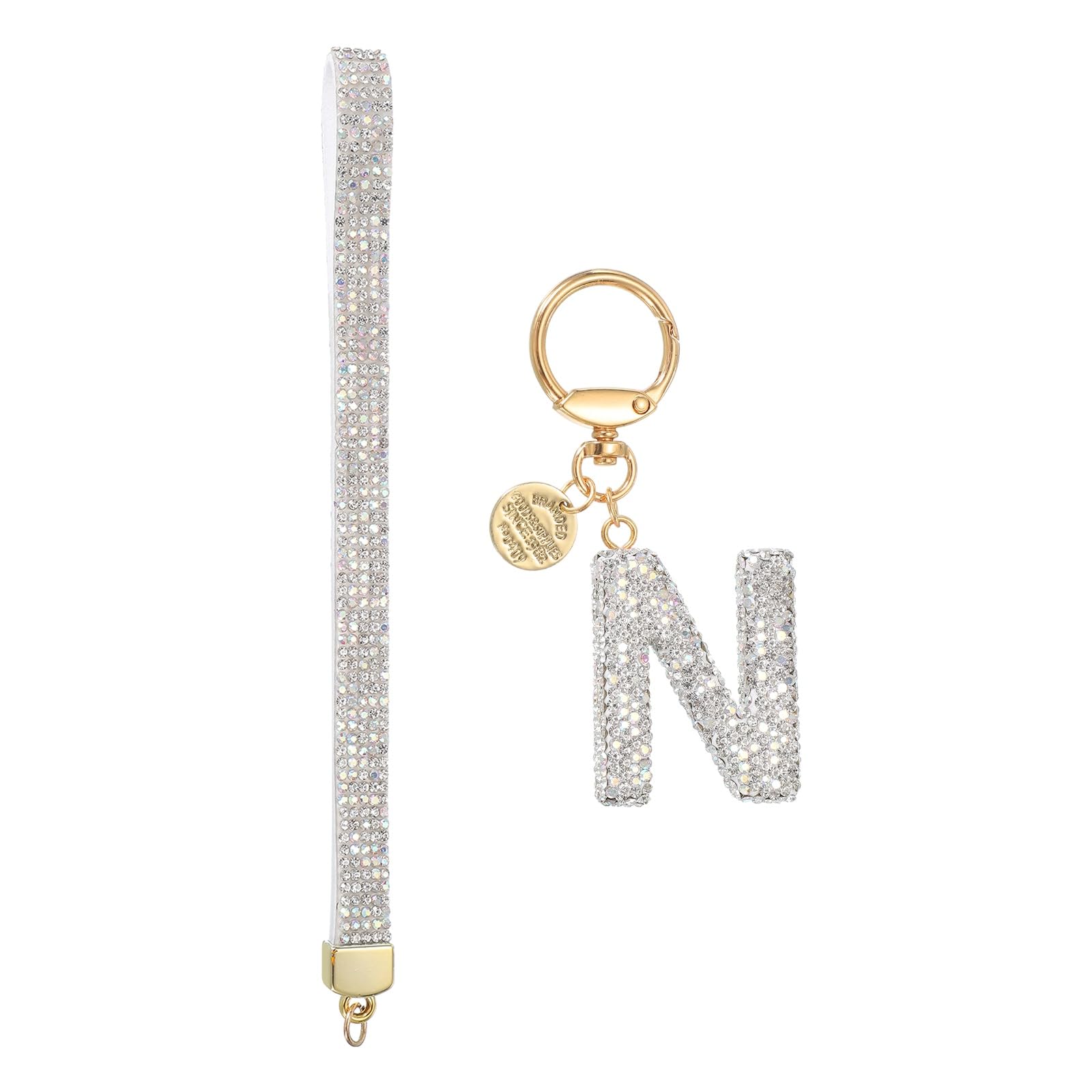 [uxcell] Women s Initial Letter N Keychain with Rhinestones and Heart, Bag or Car Key Accessory, White