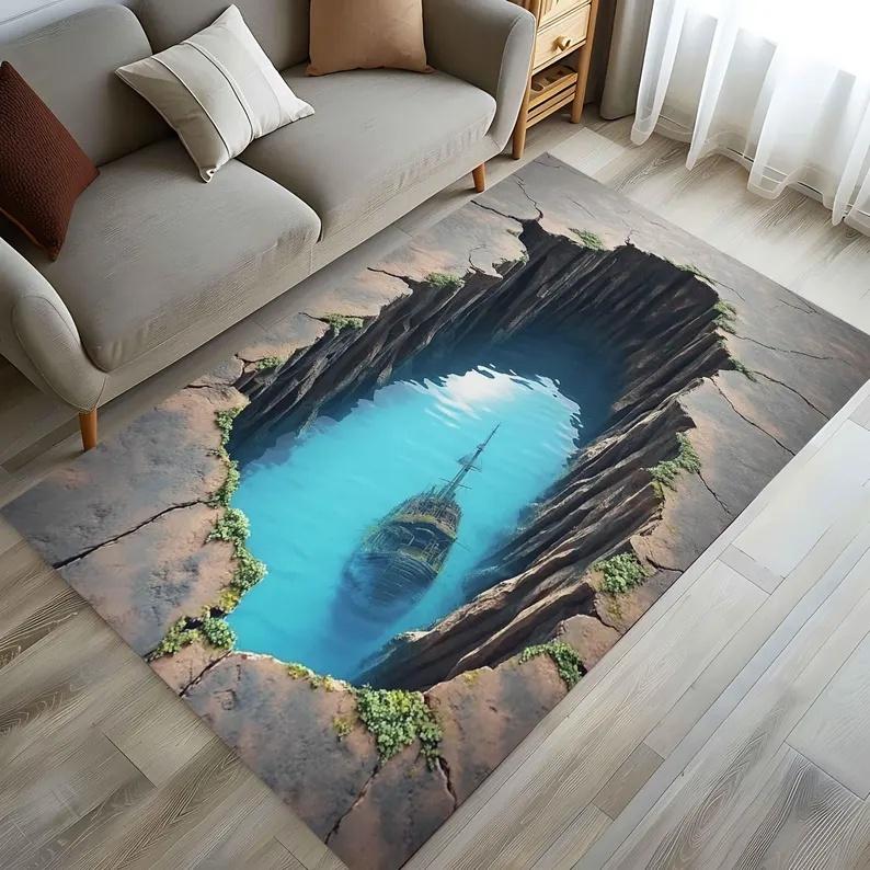 Forgotten Ship Carpet Under 3D Earth Cracks Ancient and Broken Ship Carpet Anti Slip Floor Mat Home Decoration