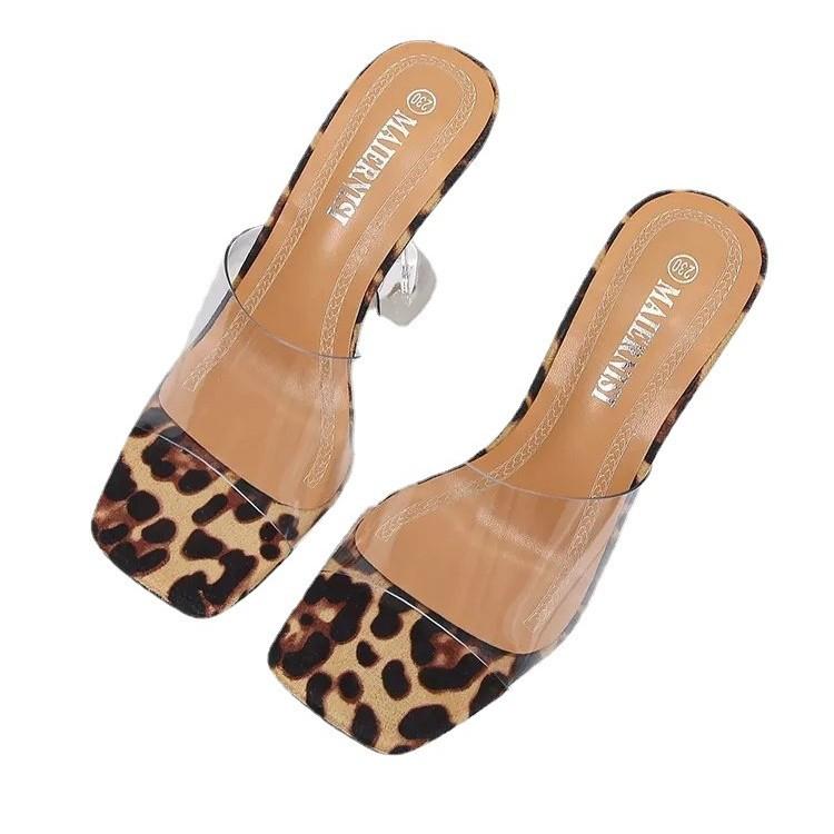 Papuci stiletto noi de vară, versiune coreeană, cu toc înalt, cu degetele descoperite, cu bandă lată, la modă, cu imprimeu leopard, sandale mărimi mari