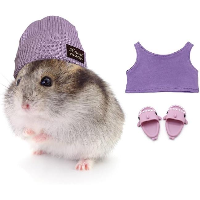 Hamster Costume Set with Shirt, Hat, Shoes, Small Animal Cute Shark Slipper for Real Pets, Cute Mini Rat Holiday Party Clothes, for Fun, Photos.