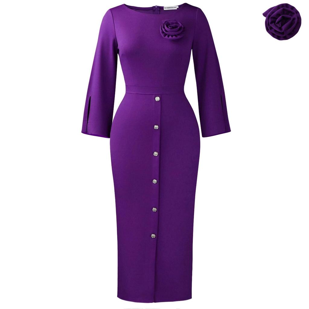 D609 Women's 2025 Autumn Elegant Round Neck Dress with 3D Flower Decoration