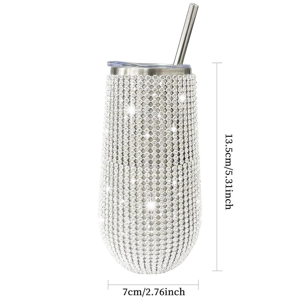 6oz Glänzender Diamant-Becher Bling Strass-Weinglas mit Strohhalm Edelstahl Isoliert Vakuum Champagnerbecher Tasse Eiform