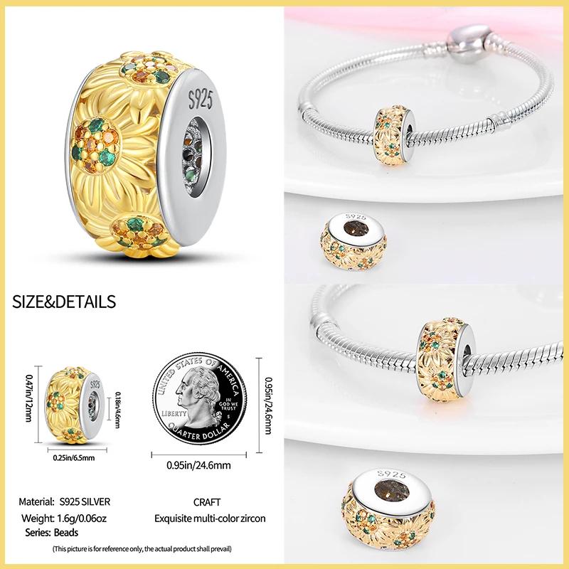 New 925 Silver Fashion Golden Sunflowers Heart Charms Beads Fit 925 Bracelets Luxury Party DIY Jewelry