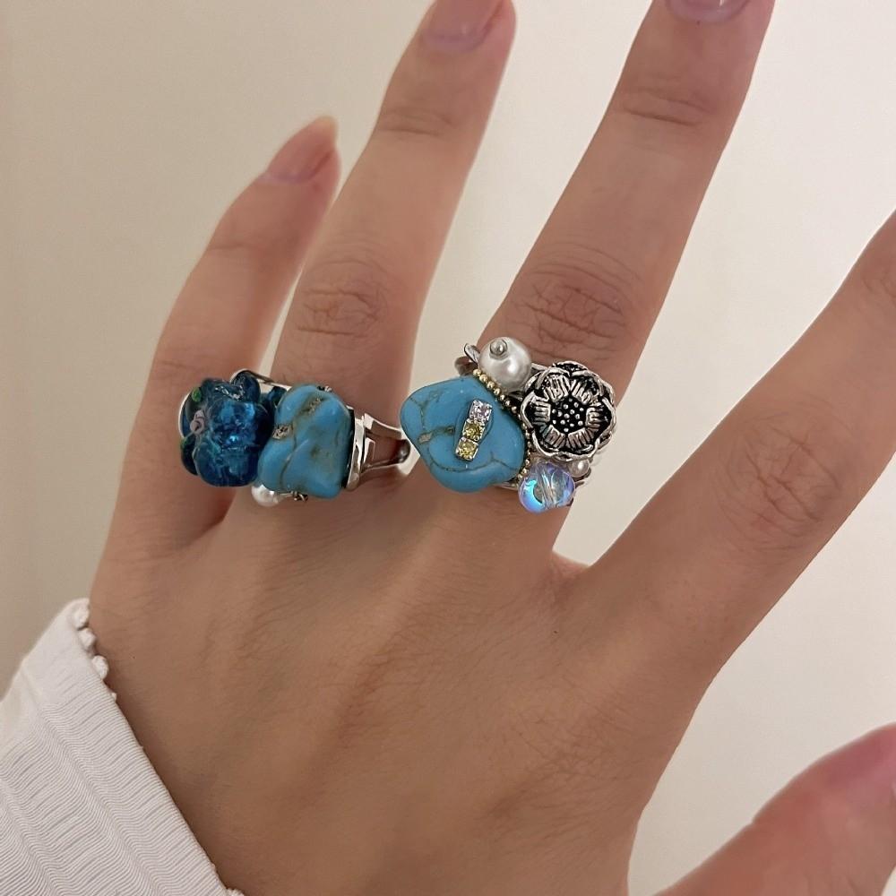 Stackable Glass Flower Ring Rhinestone Western Geometric Ring Fashion Turquoise Rings  Jewelry