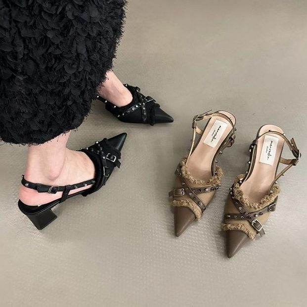 

Coarse heel design high heels black temperament bag head sandals fairy shoes spring and summer women s French cool slippers single shoes 39 чёрный