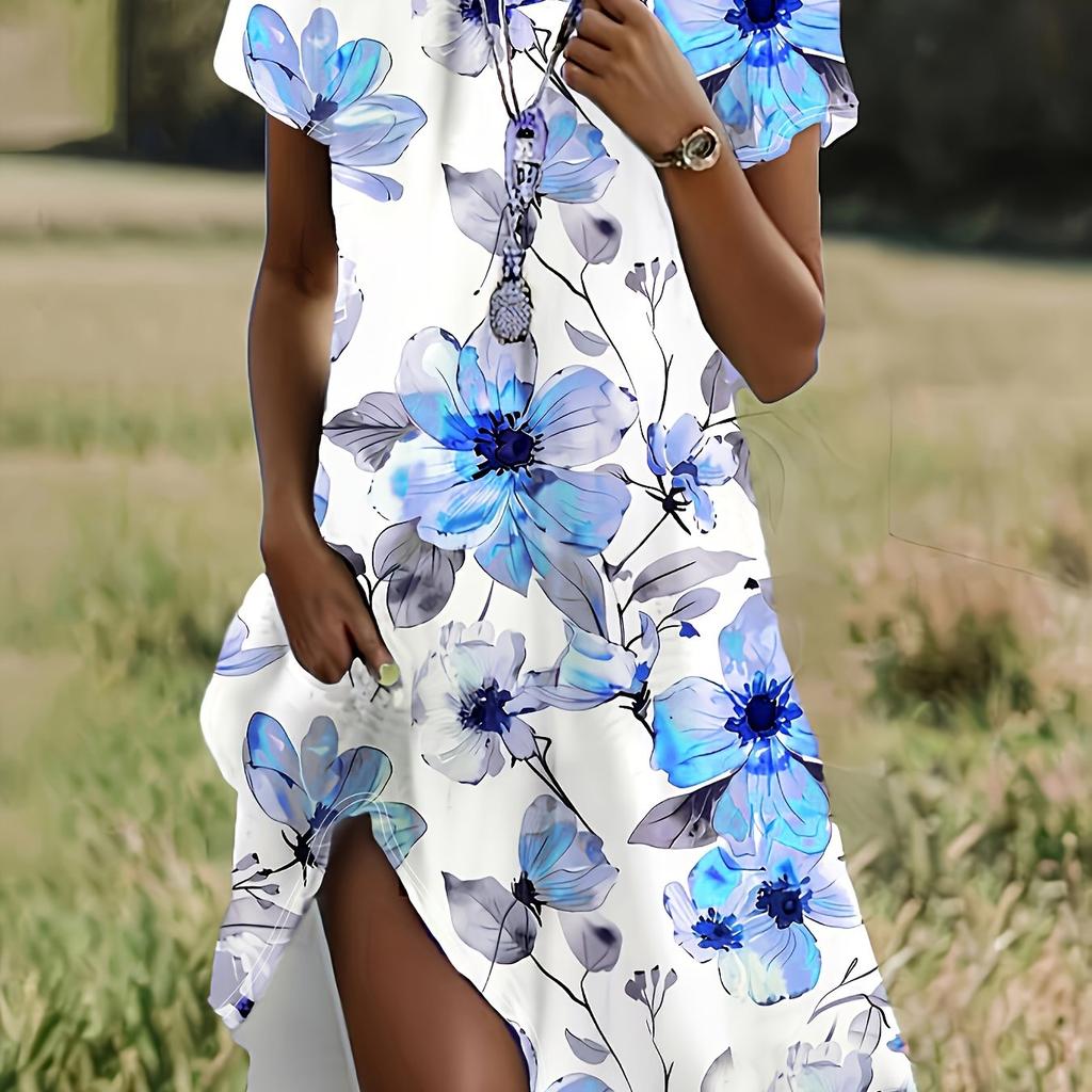 Plus Size - Women'S Plus Size Floral Print Short Sleeve Dress - Elegant Round Neck, Lightweight Polyester, Summer Casual Style with Adjustable Straps,