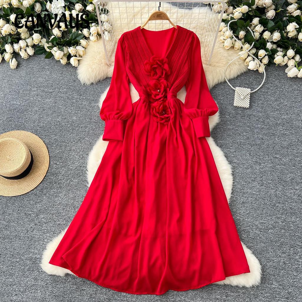 French Retro V-neck Three-dimensional Flowers Lantern Sleeve Dress Women's Waisted Temperament Swing Knee-length Elegant Long Dress