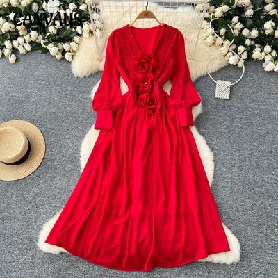 French Retro V-neck Three-dimensional Flowers Lantern Sleeve Dress Women's Waisted Temperament Swing Knee-length Elegant Long Dress