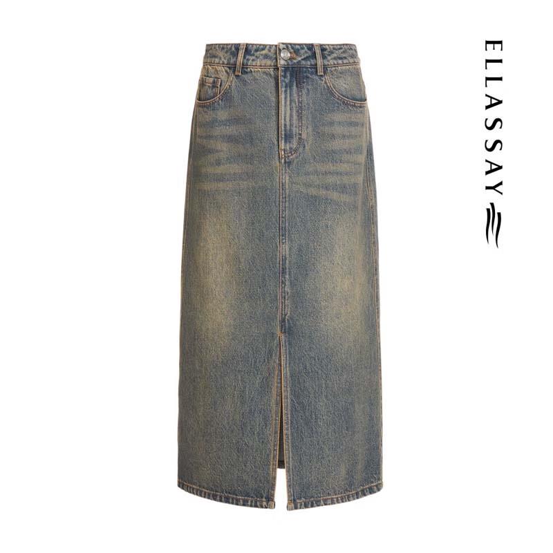 ELLASSAY Distressed Vintage Denim Midi Skirt