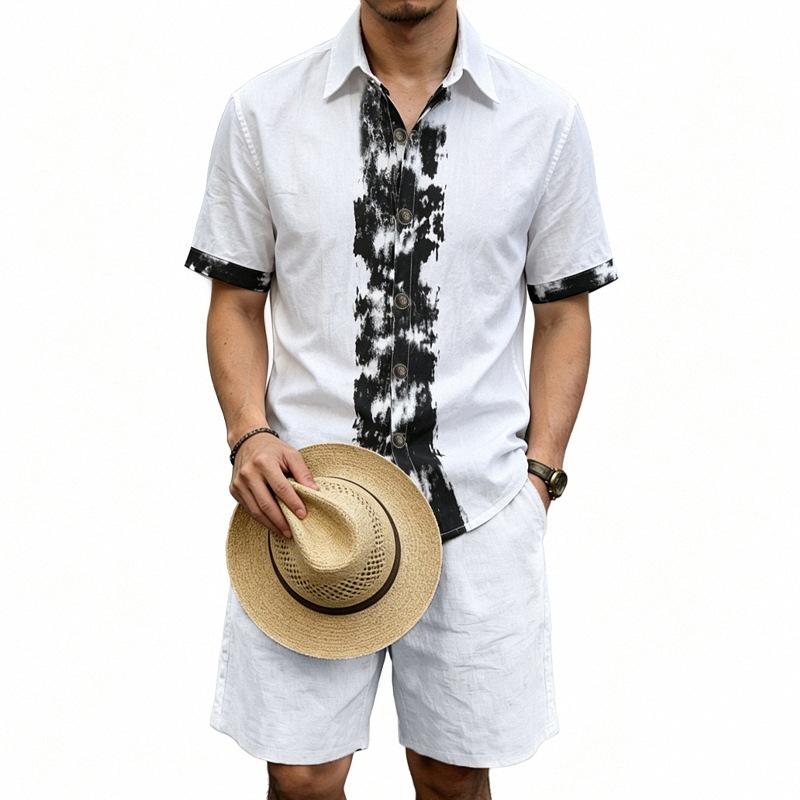 Men Brushstroke Print Lapel Short Sleeve Shirt & Drawstring Waist Shorts Two Piece Set