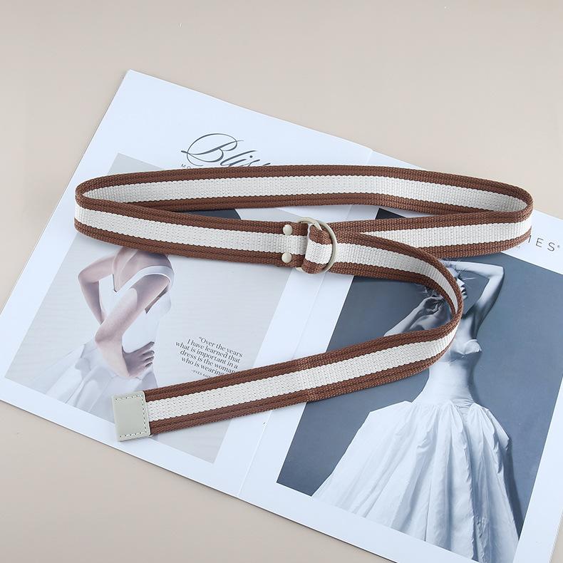 

Unisex Fashionable Striped Canvas Belt With Double Ring Buckle Ideal For Casual Wear Brown