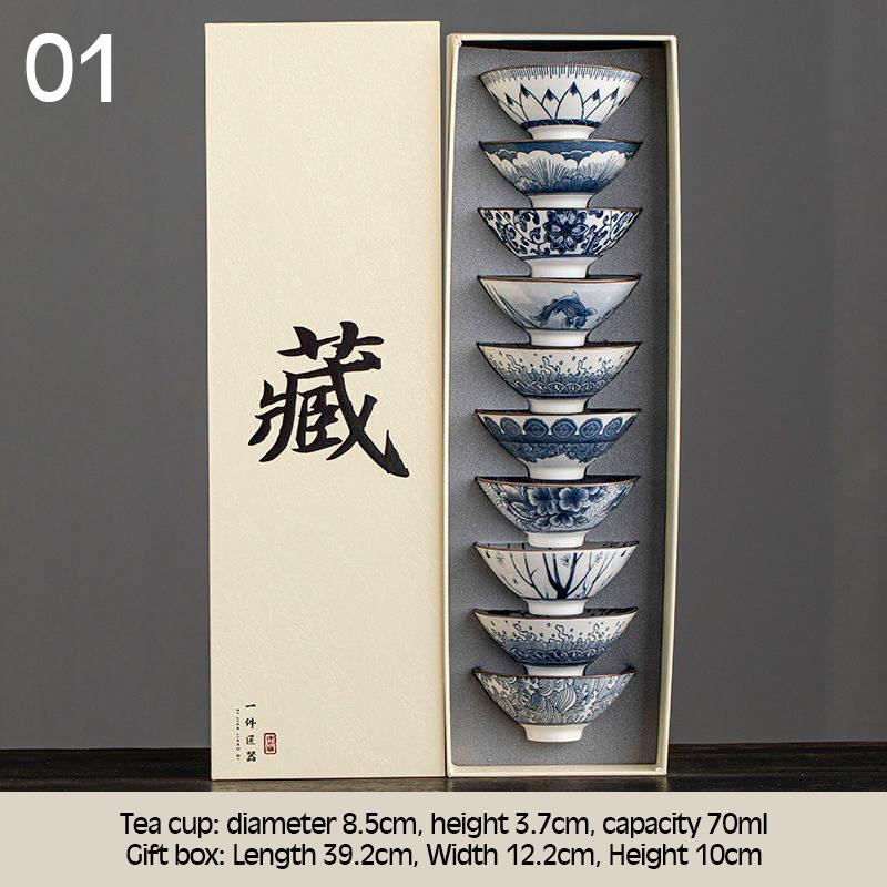 10 Pcs/Set Blue And White Porcelain Tea Bowls Small Ceramic Kung Fu Teacups Vintage Single Master Cup With Gift Box Teaware Set