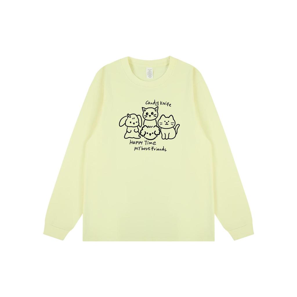 Adorable Cartoon Kitten Korean Cuffed Long Sleeve T-Shirt - Trendy Autumn/Winter Versatile Top