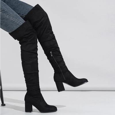 Fashion Sexy Round Toe Over-the-knee Thigh High Boots Womens Modern Shoes Winter Suede Pleated Side Zipper Thick High Heeled Boot