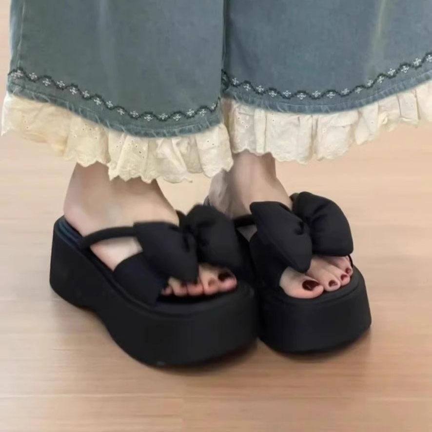 French black platform heightening sandals female 2025 summer new gentle fairy wind bow word slippers