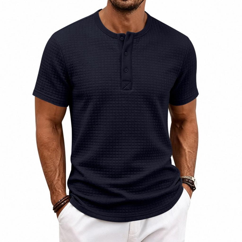 Men's Casual Short Sleeve Henley Shirt Loose Fit Small Check Jacquard Pattern Lightweight Summer Top with Button Placket