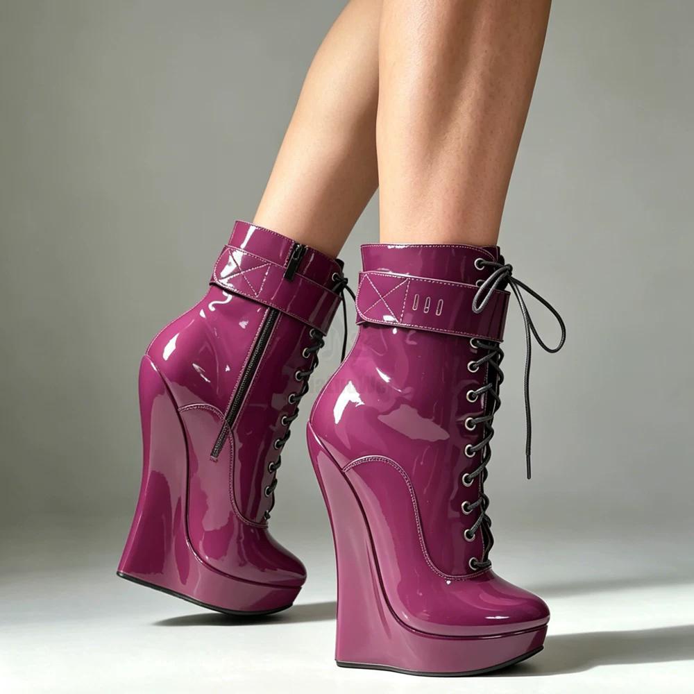 Women Sexy Fetish Super High 18cm Super Wedge Heel Pointed Toe Zipper Cross-tied Ankle BALLET Boots Plus Size