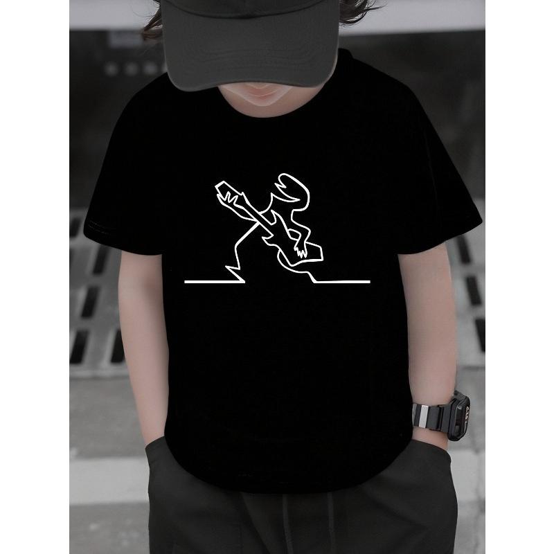 European sizes Boys' T-Shirt Abstract Guitar Silhouette Line Art, Ideal for Outdoor Activities, Soft Knitted Top, Comfortable And Breathable