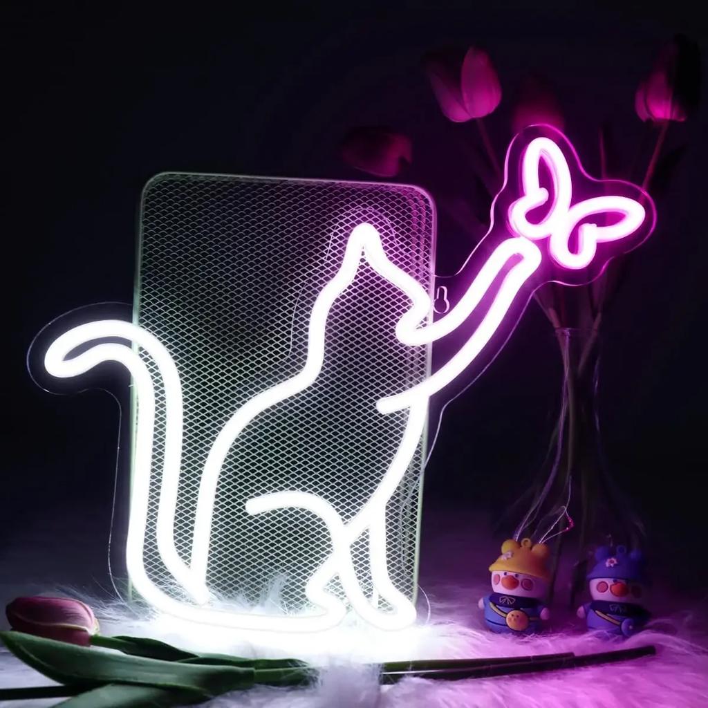 Cats And Butterflies LED Neon Sign USB Dimmable Neon Light Sign For Gameroom Bedroom Bar Livingroom Birthday Gift Wall Decor
