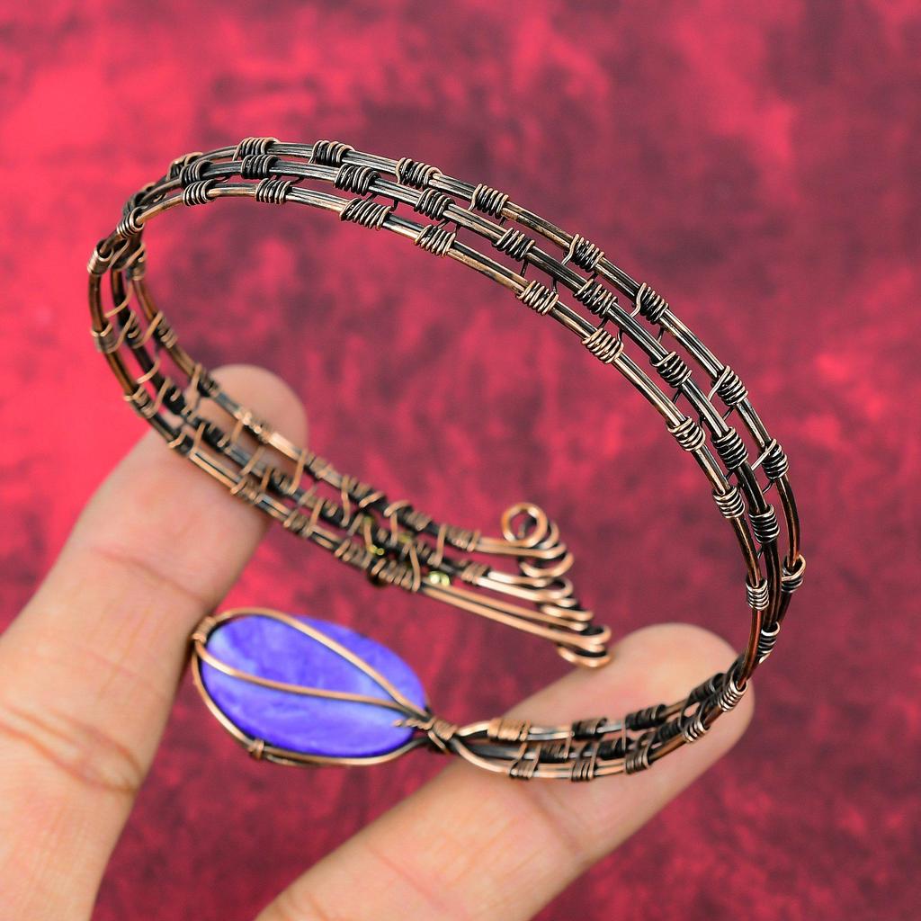 Charoite Bangle Gemstone Cuff Bracelet Copper Wire Wrapped Bangle Copper Jewelry Adjustable Cuff Bracelet Handmade Jewelry Anniversary Gifts