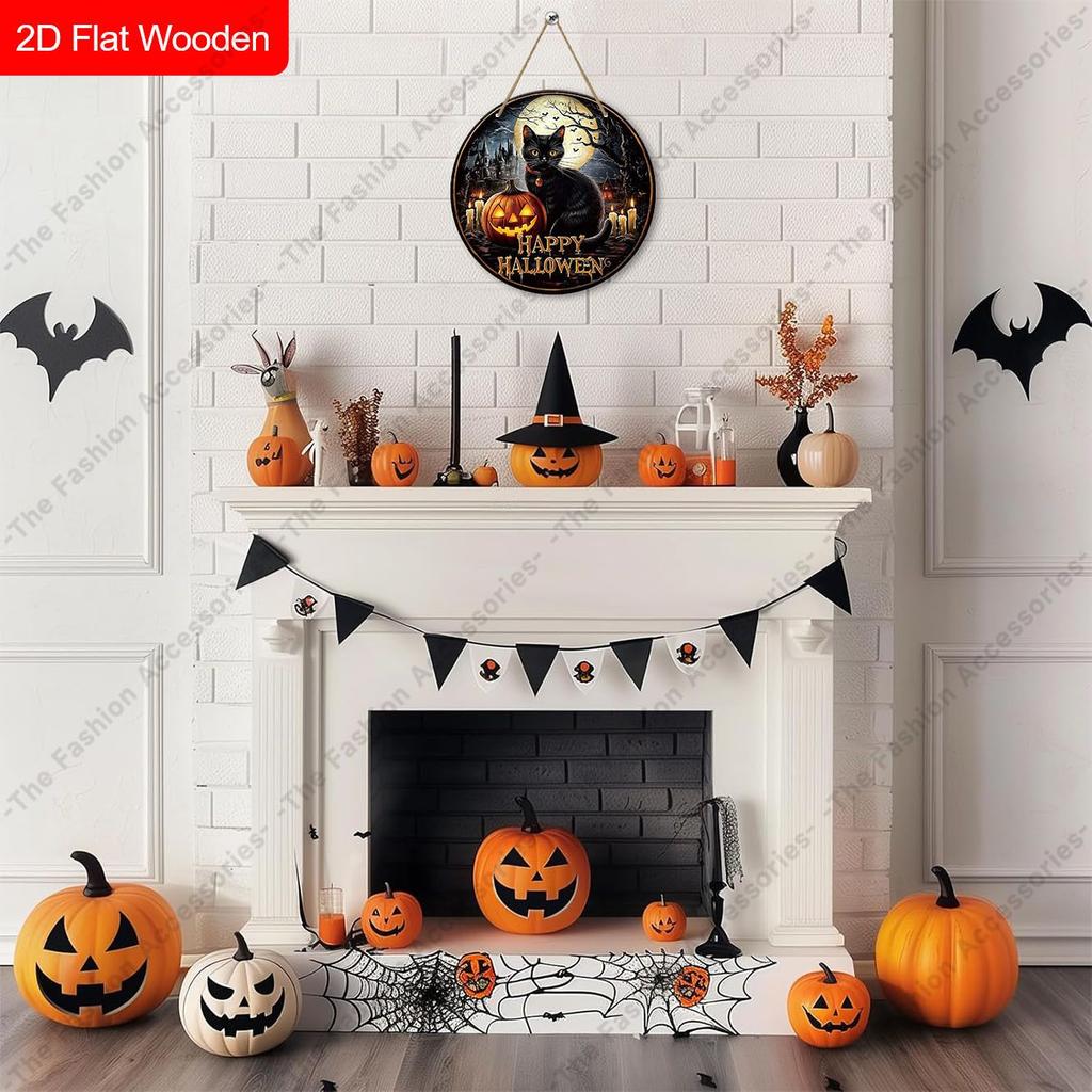 Happy Halloween Black Cat Castle Pumpkin Round Wooden Hanging Sign, Front Door Wall Halloween Decor