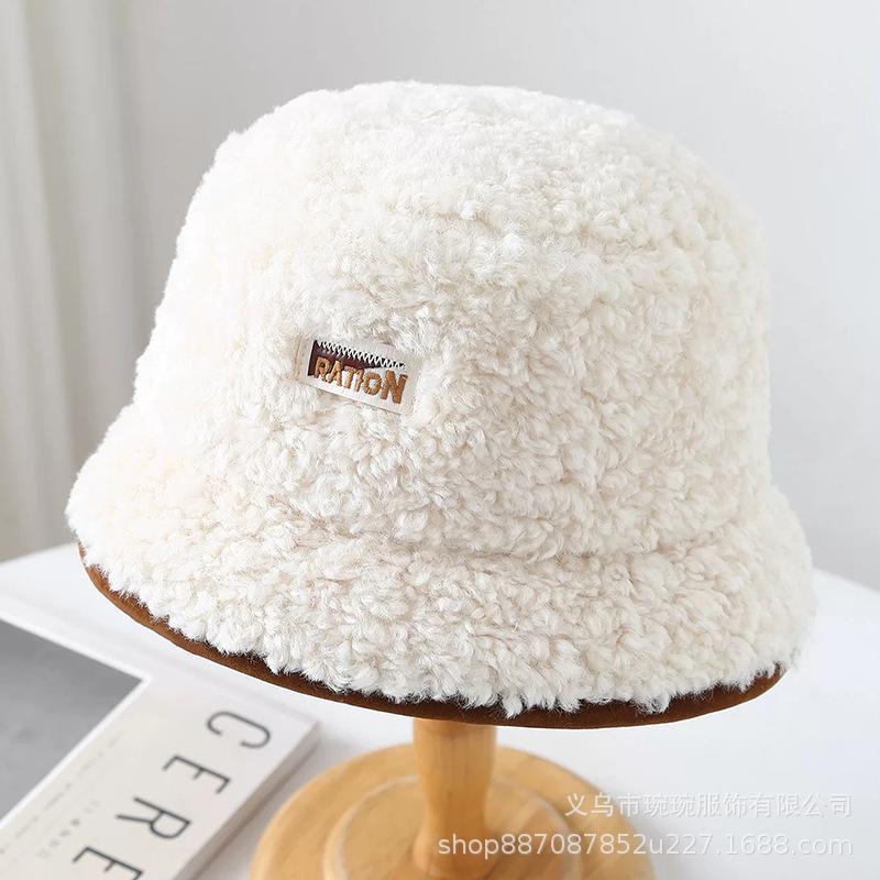Fashion bucket hat women's autumn and winter lamb plush cold hat showing small face thickened warm cold basin hat