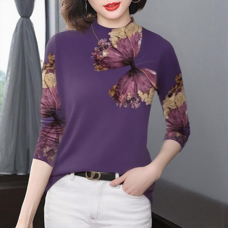 Stylish Printed Long-Sleeve T-shirt for Middle-Aged and Elderly Women - Slimming, Flaw-Hiding, Warm Fashionable Base Layer