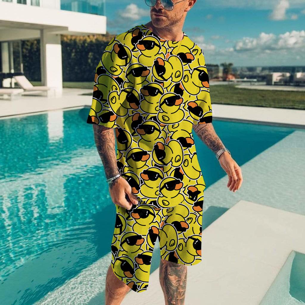 Cartoon Cute Duck Printed Men's T-shirt and Shorts 2 Piece Set Summer Casual Outfit for Men's and Women's Clothing