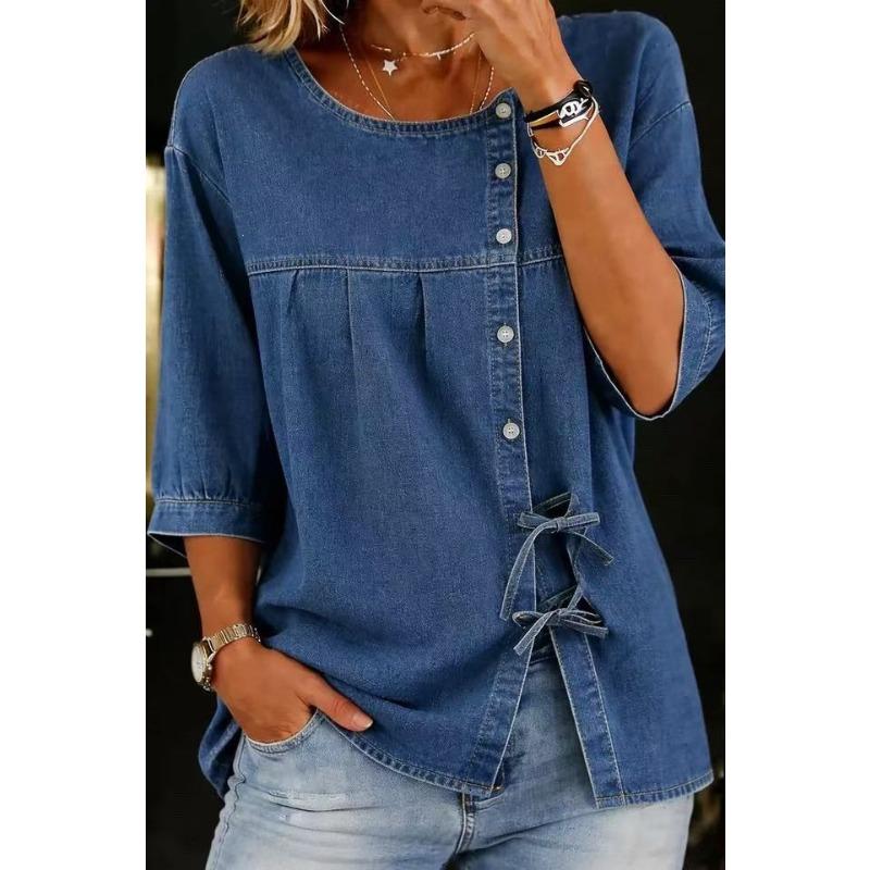 HNXC Women's Fashion 3/4-sleeve O-neck Casual Blouses & Shirts Classic Exquisite