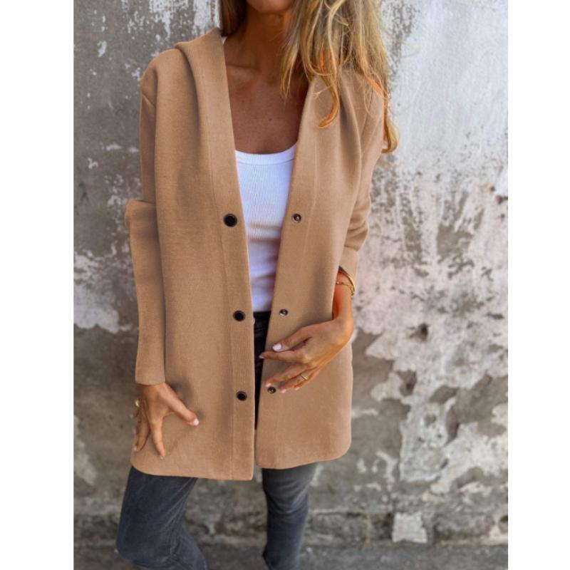 Frühlings- und Herbst-Damen-Cardigan einfarbig lässige einreihige Kapuzenjacke