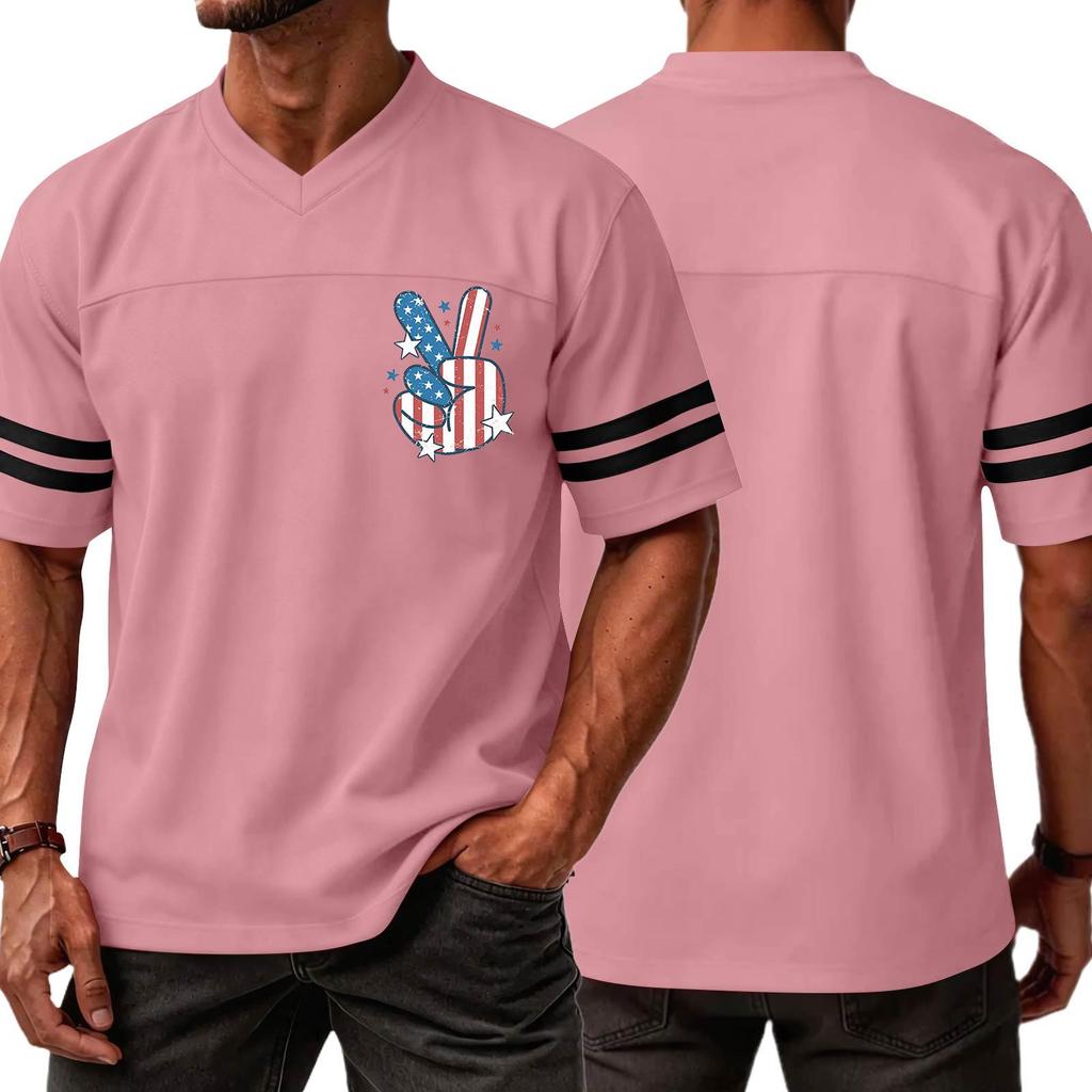 Men V Neck Casual Short Sleeve Jersey Shirt with Independence Day Print and Striped Sleeves for Sports and Wear