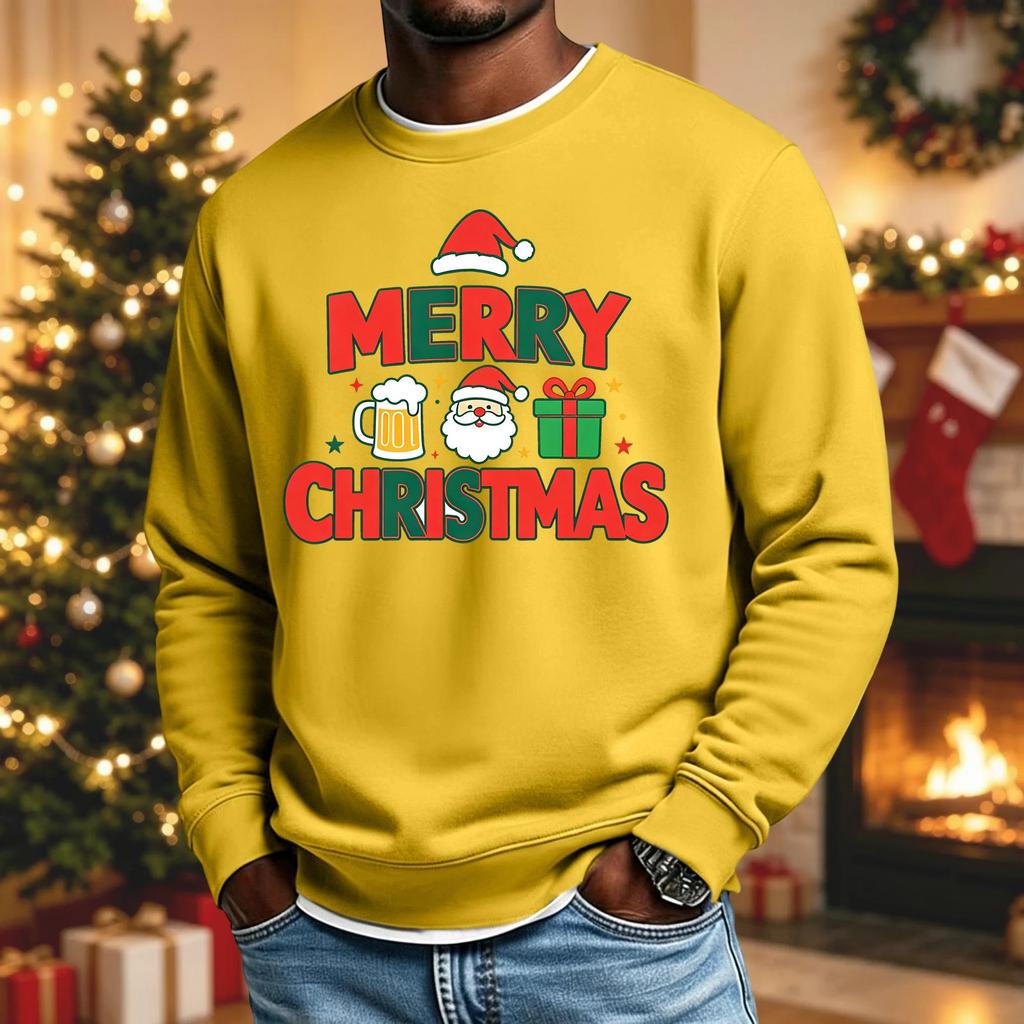 Men's Loose Fit Casual Neck Long Sleeve Christmas Print Top for Holiday Celebrations
