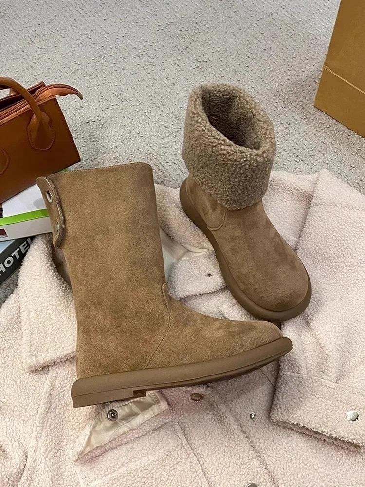 Fashion Warm Fleece Lined Pure Leather Flat Heel Mid-Calf Snow Boots Women's Winter Booties Comfortable Rubber Sole Round Toe Booties