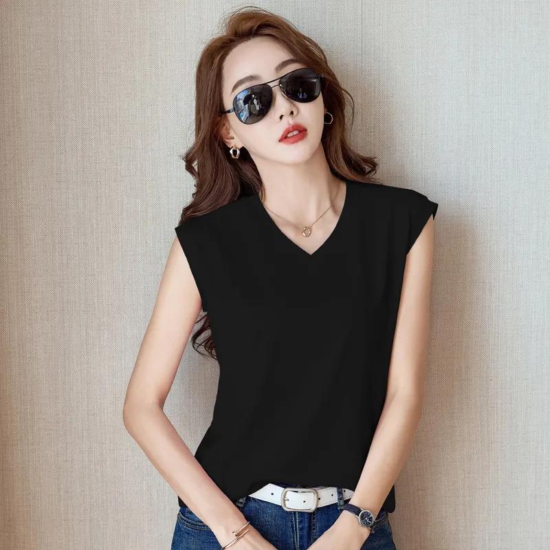 Women's Summer V-neck Slim Sleeveless Simple T-shirt Solid Color Comfortable Temperament Tops