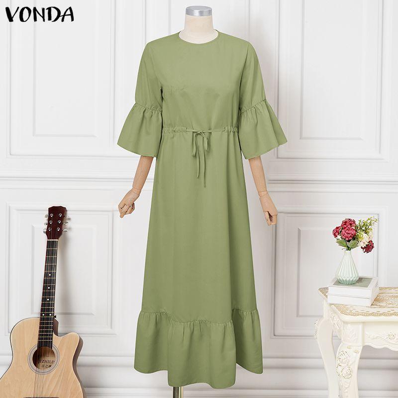 VONDA Women V Neck 3/4 Sleeve Casual Loose Drawstring Waist Maxi Rufffled Dress Robes