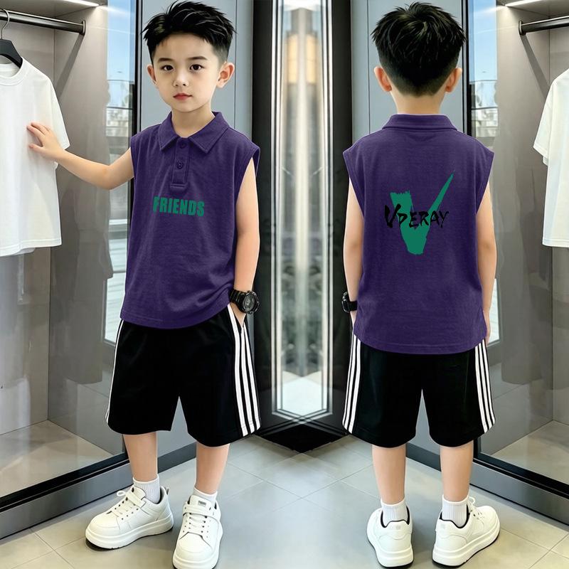 Boys' Trendy Cotton Polo Shirt and Vest Set - Sleeveless Lapel T-shirt, Summer Two-Piece In Medium & Large Sizes