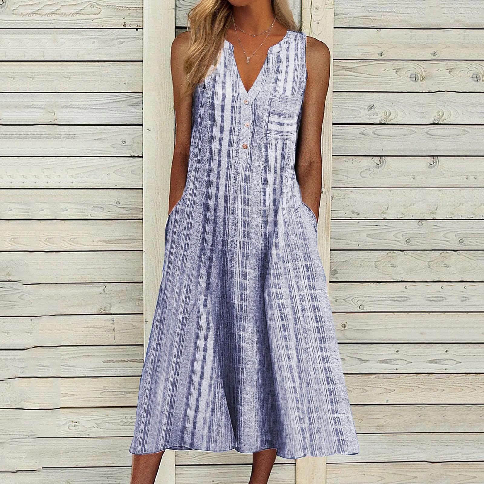 

Женское повседневное летнее платье в полоску с V-образным вырезом и карманами без рукавов, праздничное платье, сарафан с цветочным принтом, платье миди XL синий