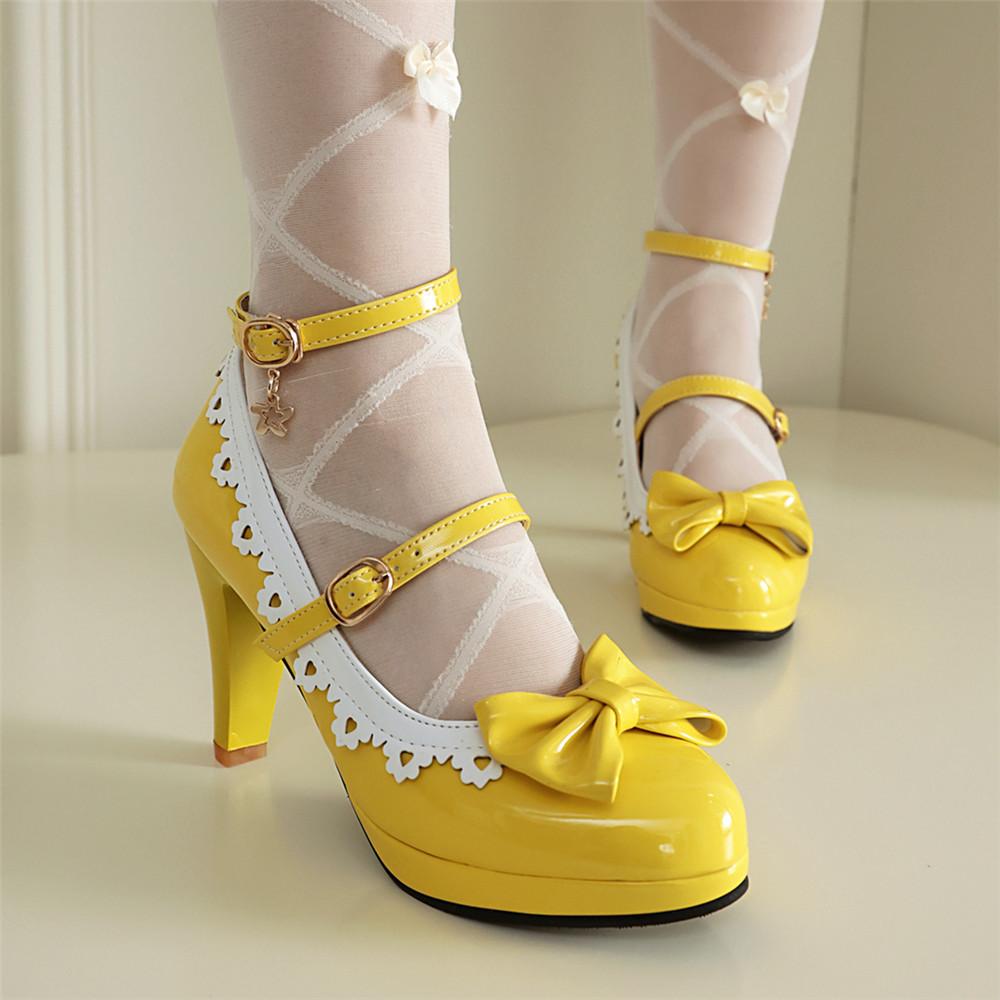 Fashion Women Ankle Strap Buckle High Heels Round Toe Heel Pumps Women Platform Pumps with Bow Party Wedding Shoes Chaussures De Femme