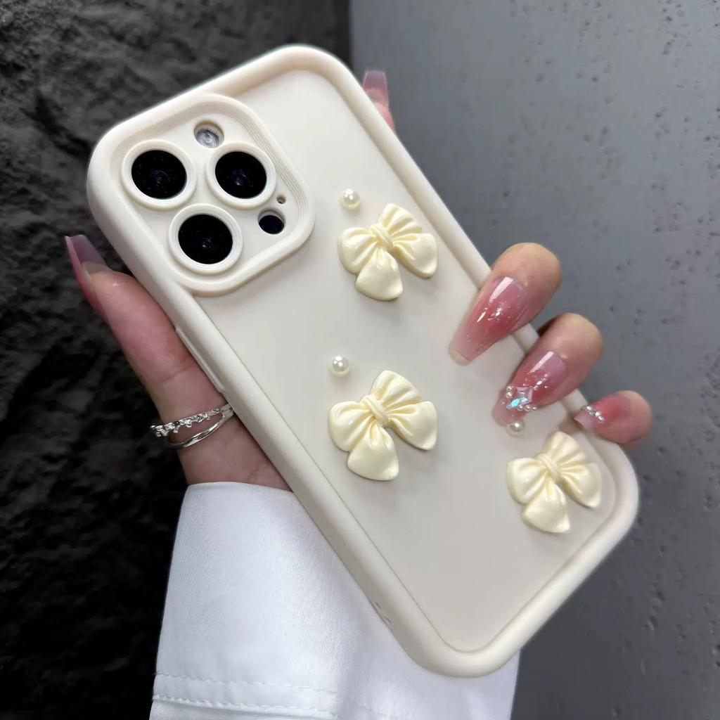Cute 3D Bow Pearl Phone Case for iPhone 15 14 13 Pro Max Pink Shockproof Cover