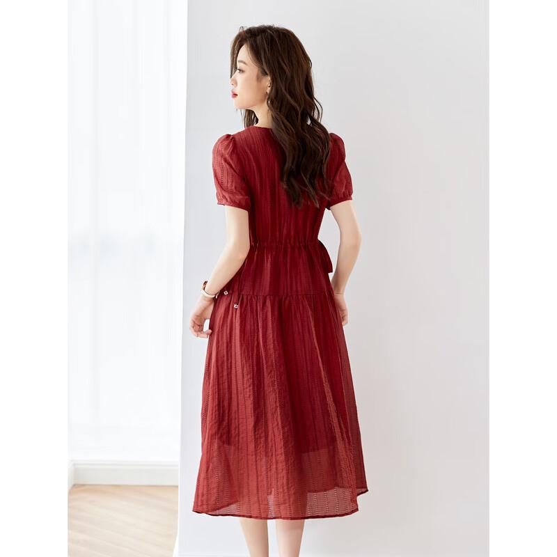 Elegant Red Textured French-Style Midi Dress