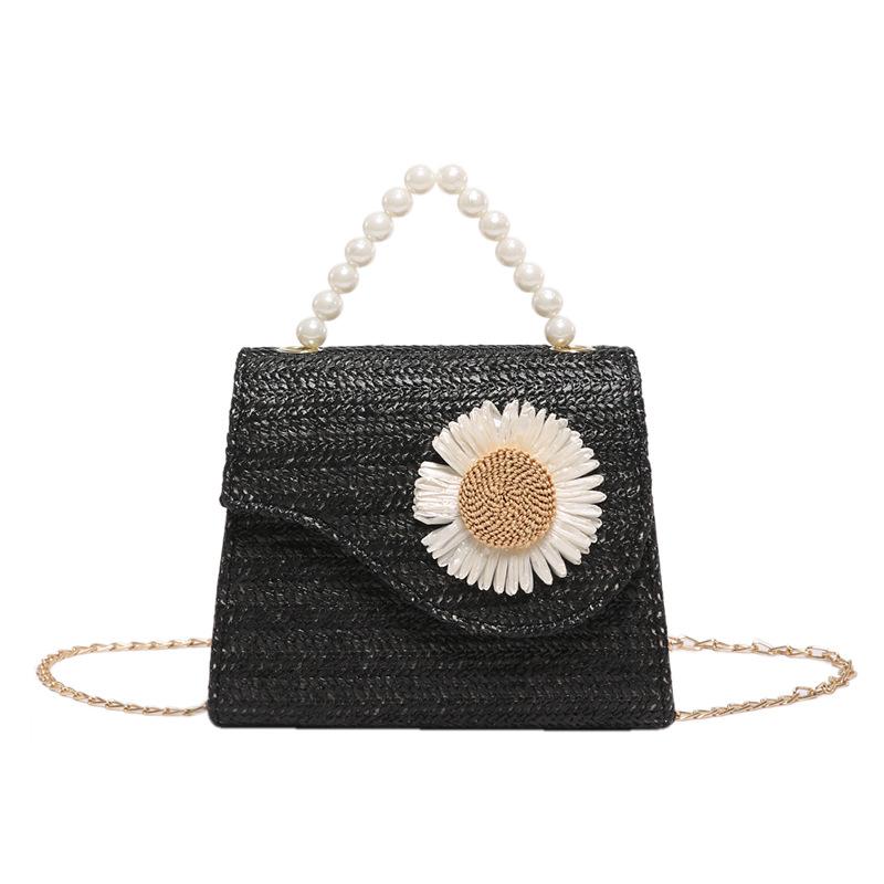 Grass-woven Pearl Hand-held One-shoulder Crossbody Bag Popular Small Bag High-value Summer New Beach Square Bag