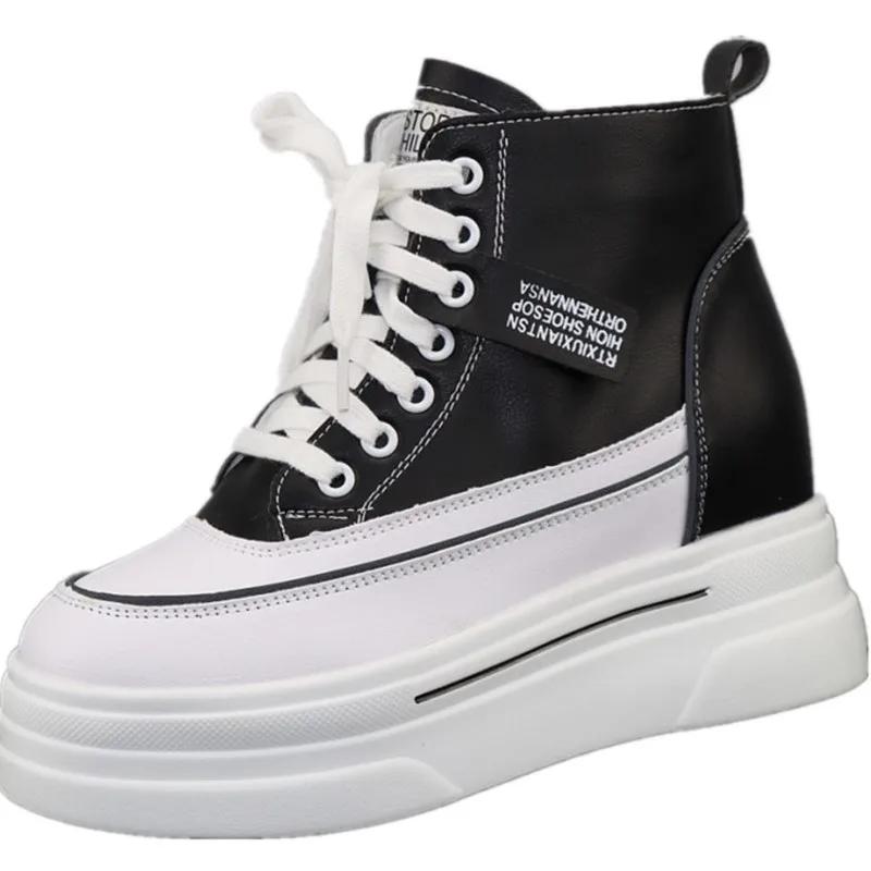 Leather Thick-soled High-top Women's Shoes 2025 Autumn Winter New Fashionable Zipper Height Increased 8cm Casual Sneakers Shoes