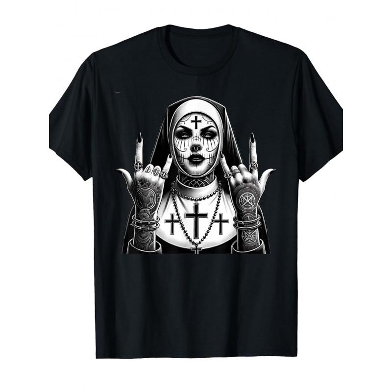 Men'S Gothic Punk T-Shirt - Black Nun Graphic Tee with Chains, Loose Fit Emo Shirt for Concerts, Halloween & Everyday Dark Fashion - Occult Religious