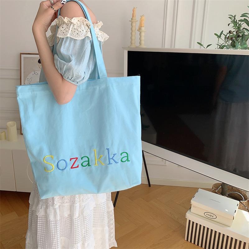 Canvas Bag Summer Embroidery Letters Large Capacity Tote Student Bag Class Bag Portable